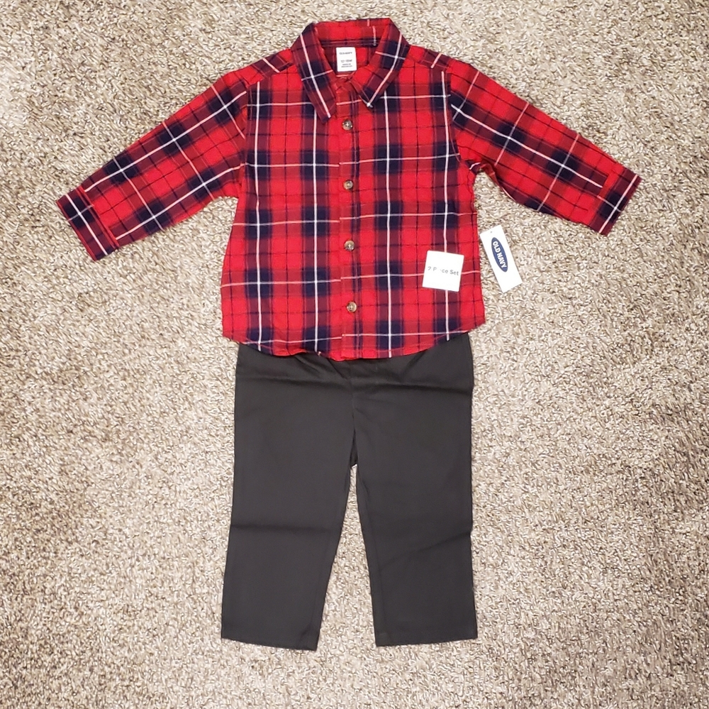 Old Navy 2pc Plaid Button Down Shirt + Pants Set 12-18m Outfit